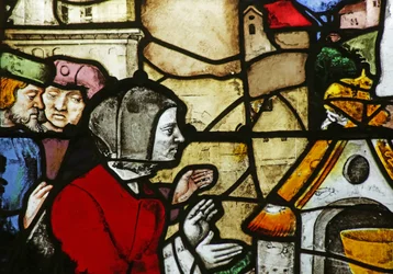 Raam met afbeelding van tabernakel gebouwd door bijen voor het Sacrament